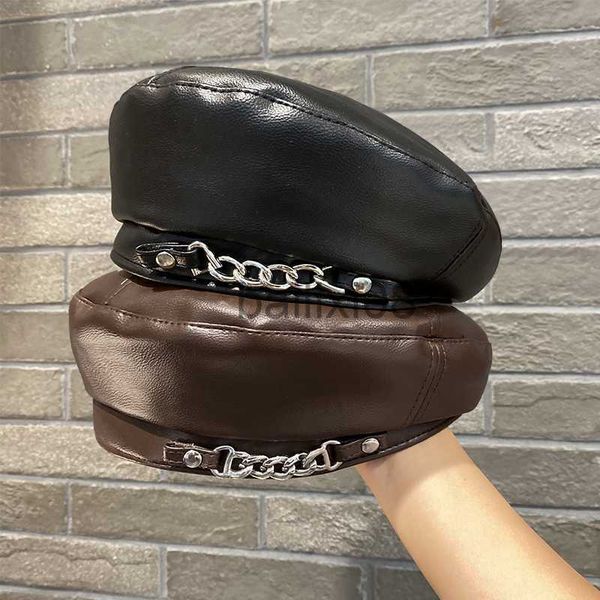

stingy brim hats 2022 new women pu leather winter hat chain barette hat painter berets caps for ladies girls hats trendy hat elegant beret j, Blue;gray