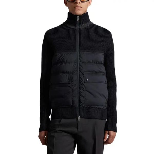 

winter fashion stand collar mens down jacket double pockets men knitted jacket arm badge knit jacket men cardigan coat asian size s, Black