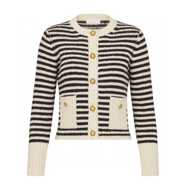 

luxury designer mariniere cardigan ecru and black technical cotton, wool and mohair knit, White