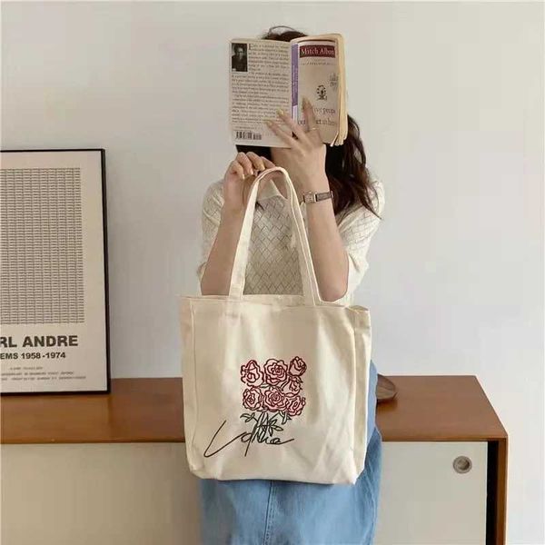 

2022 kid canvas shoulder bag rose printing ladies casual handbag tote bag large capacity cotton reusable shopping beach bag, Black
