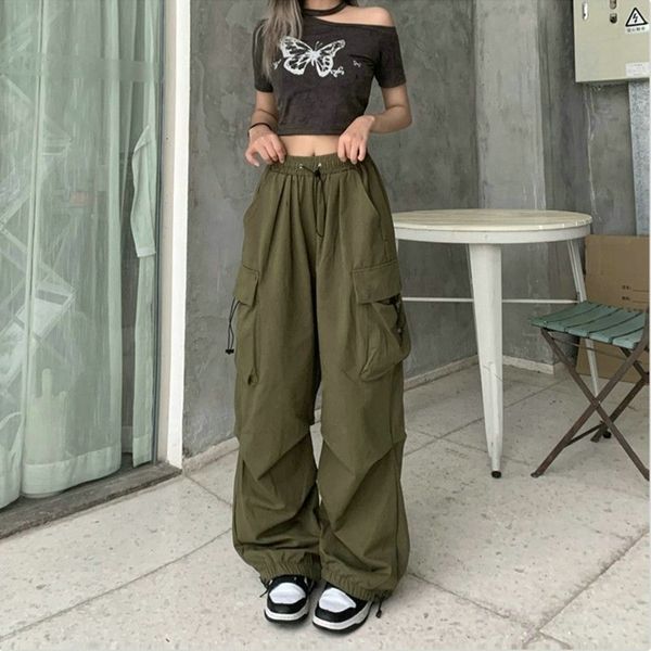 

women s pants s y2k streetwear vintage chic cargo for women high eleastic waist wide leg straight touser punk female joggers trousers 230801, Black;white