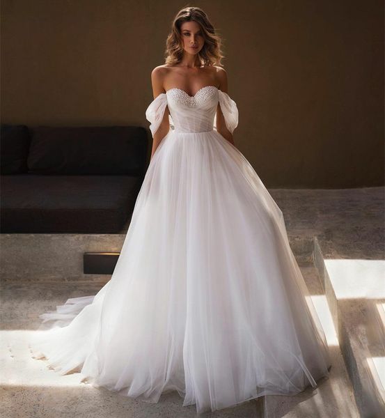 

elegant long sweetheart beaded wedding dresses a-line tulle off shoulder sweep train vestidos de novia abendkleid bridal gown for women, White