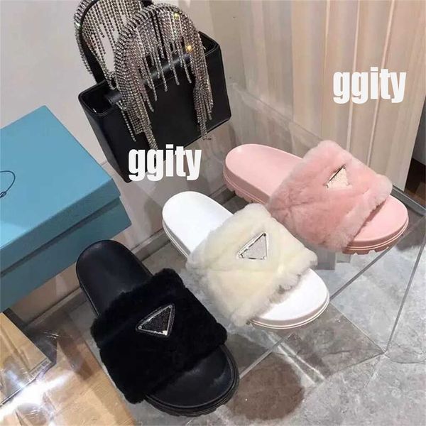 

luxurys designers women slippers wool slide winter fur fluffy furry letters sandals warm comfortable slides fuzzy girl flip flop slipper siz, Black