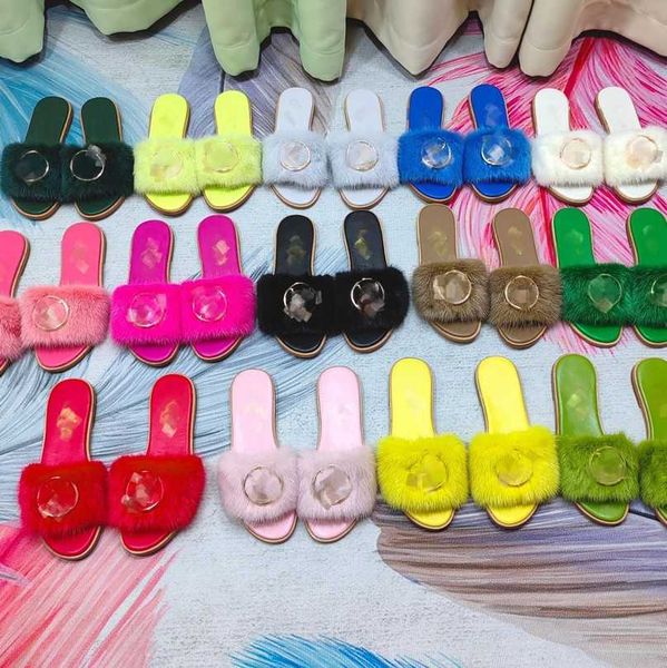 

fur slippers lu circle logo mink hair flat mules men women fur monograms sandals ladies fluffy shearling wool slipper winter fashion home ou, Black