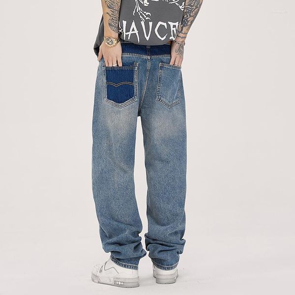 

men's jeans american retro washed high street autumn trendy brand straight casual pants ins loose wide leg mopping, Blue