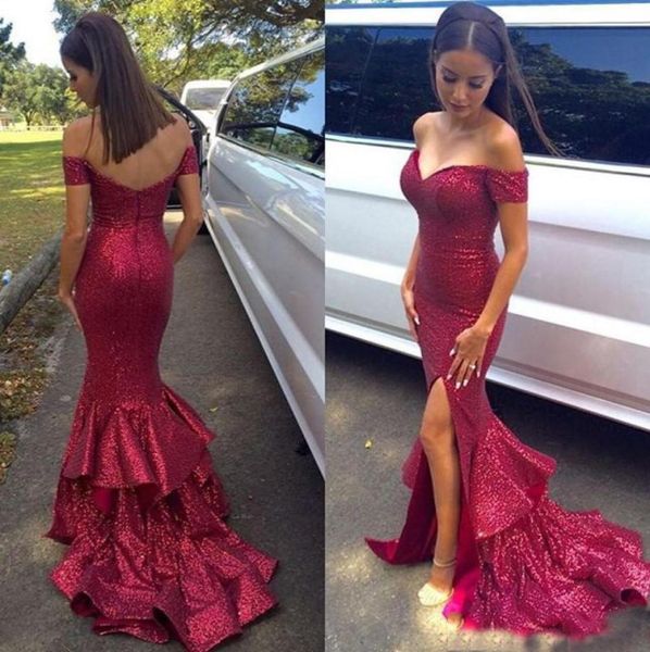 

red sequined mermaid evening dresses with short sleeve off the shoulder side split long party dress 2017 formal plus size prom gow3928276, Black;red