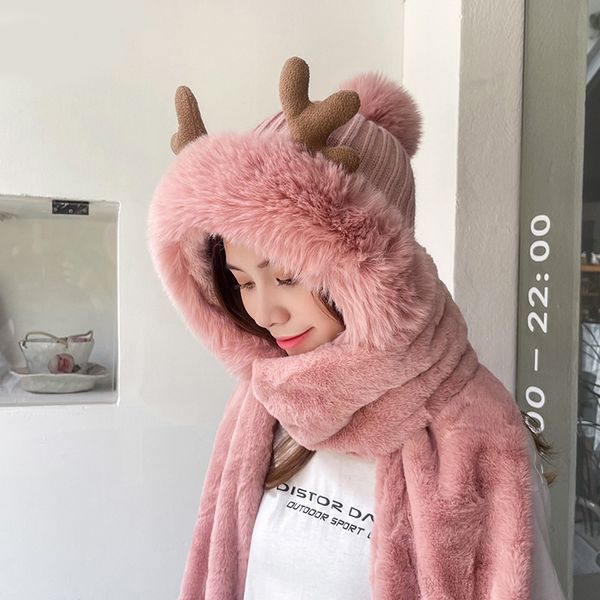 

fashion designer jewelry plush deer horn knitted hat new three piece set warm pullover head hat versatile scarf, hat & glove sets wholesale, Blue;gray