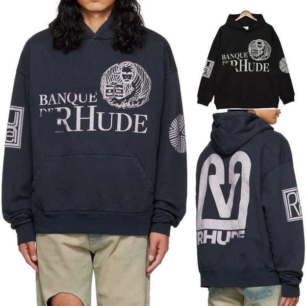 

new rhude sweater street couple long-sleeved autumn and winter pullover hoodie trend, Black