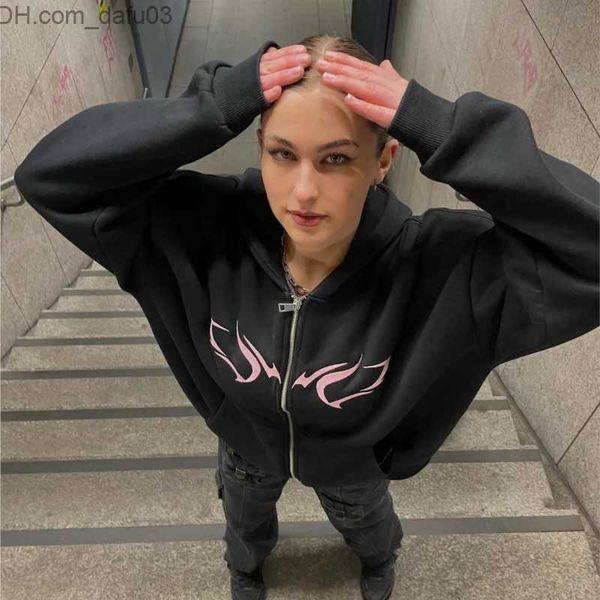 

men's hoodies sweatshirts american fashion graphic print long sleeve zipper black women's hoodie autumn punk 90s street wear sweat