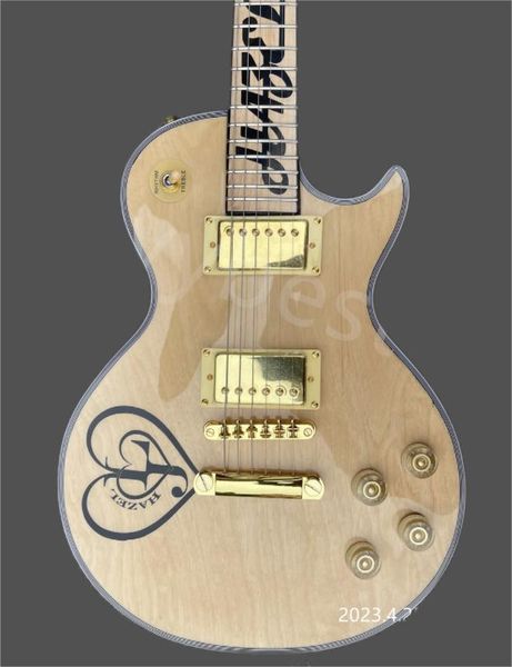 

custom customers print electric guitars with your own logo on the of the head, special graphics on the upper body and a natural neck in gold