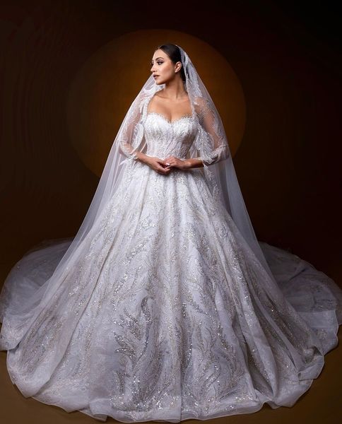

exquisite ball gown wedding dresses long sleeves v neck sequins appliques diamonds floor length beads zipper 3d lace crystals bridal gowns d, White