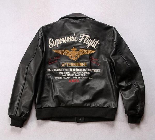 

avfly american wings embroidered air force leather jacket a2 flight suit first layer cowhide97032386946689, Black