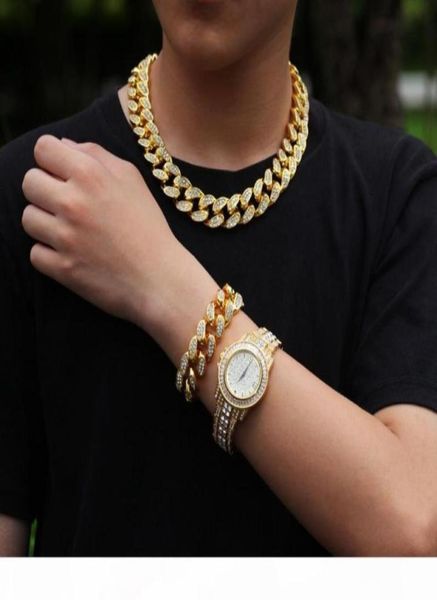 

hip hop chain jewelry mens necklace iced out diamond miami cuban link chains gold silver watch necklaces bracelet set17366929031261