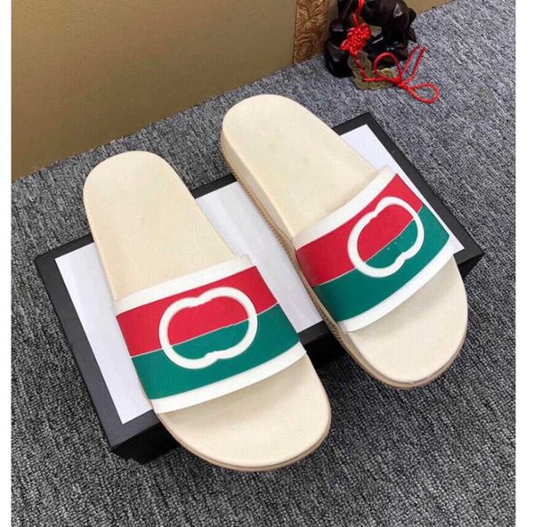 

men women interlocking g slippers red green stripes flat rubber white footbed leather web slides bloom summer beach sandals size 35-45, Black