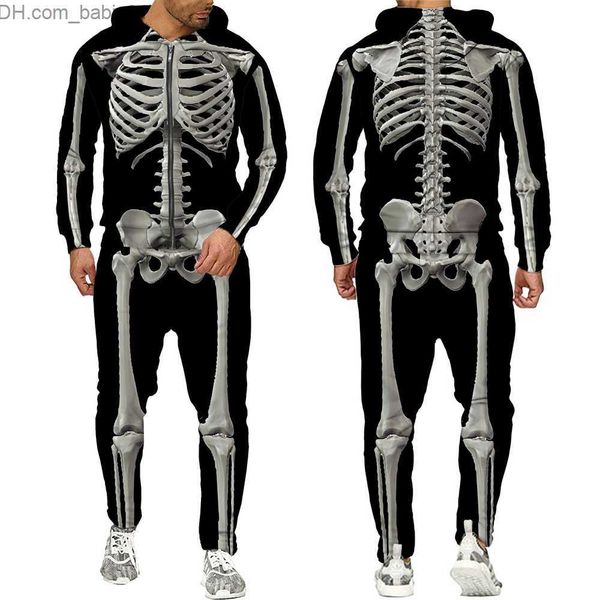 

men's tracksuits halloweeen cosplay skeleton splanchna 3d all over print zipper tracksuits mens hoodie pants 2 pcs set streetwear suits, Gray