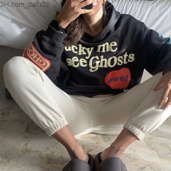 

men's hoodies sweatshirts 2021 men's weirdo graffiti letter printed hoodie harajuku lucky i see ghost men's hoodie wool print, Black