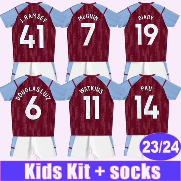 

23 24 mcginn traore kids kit soccer jerseys coutinho kamara davis digne carlos mings douglas luiz buendia watkins home away child suit footb, Black