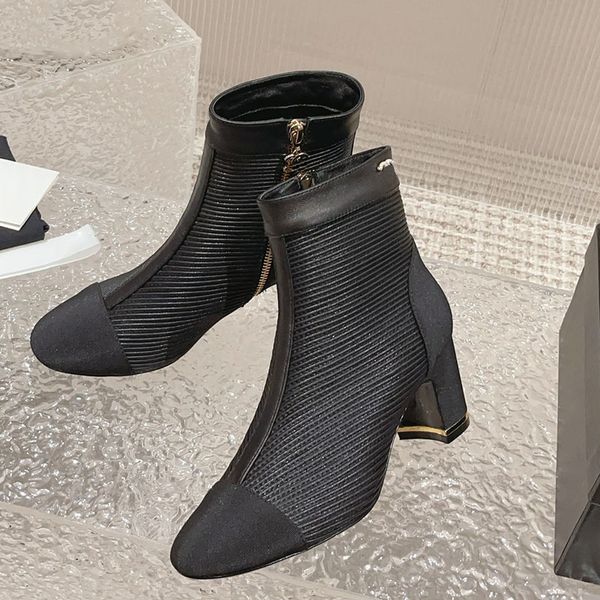 

womens chunky heels ankle boots designer zipper faux pearls round toes 23ss f/w knight rainboots western fashion quilted texture casual shoe, Black