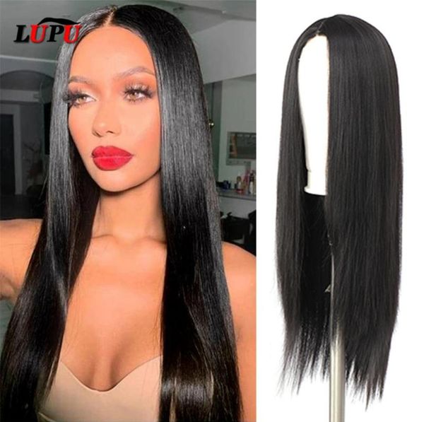 

lupu synthetic lace wigs for blackwhite women 30 inches long straight middle part hair high temperture fiber7690100, Black