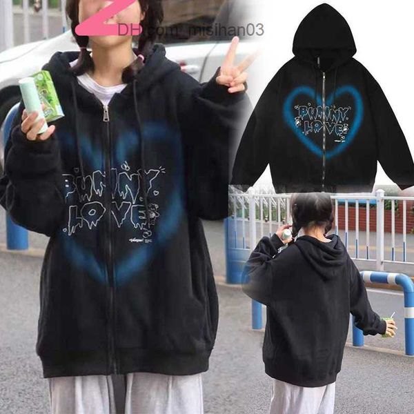 

men's hoodies sweatshirts women's y2k zipper hoodie jacket hip hop street fashion graffiti heart letter bear print sweatshirt jack, Black
