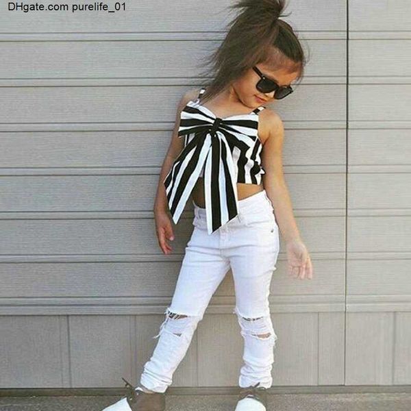 

suit fashion girls stripe + pants 2 pieces the strapless set kids bowknot hole white jeans girls clothing set