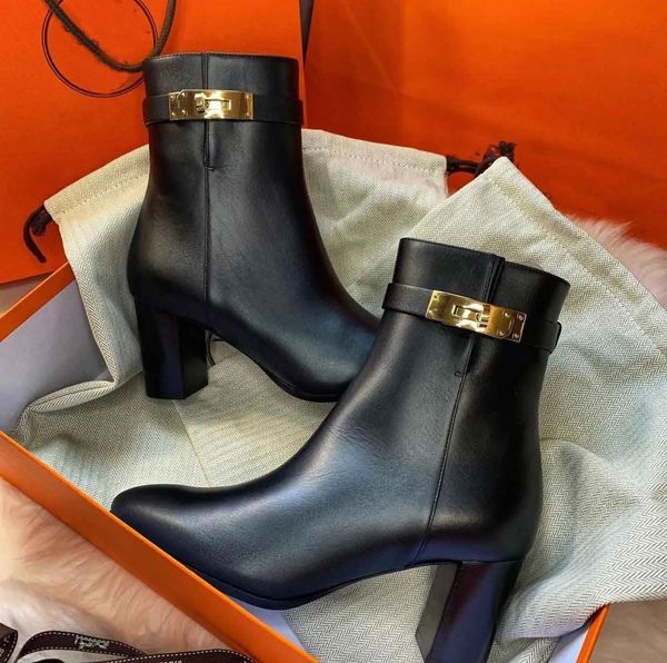 

winter famous women ankle boots black calf leather martin boot kelly buckles saint germain chunky heels ladies booty party wedding dress eu3