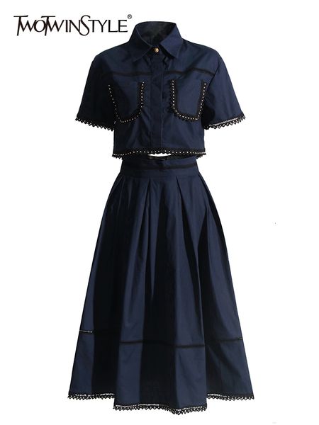 

two piece dress twotwinstyle solid summer sets for women lapel short sleeve high waist a line skirt slim set female fashion 230801, White