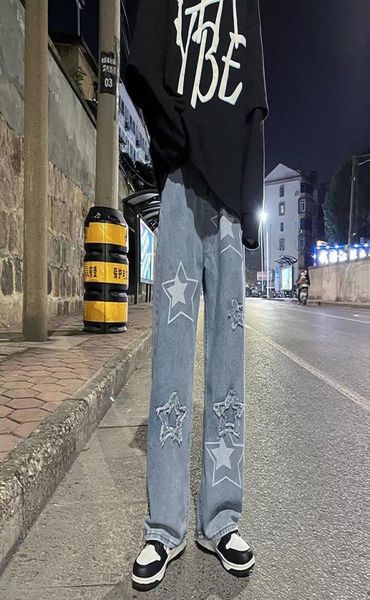 

men039s jeans embroidered winter ins high street loose old pants autumn and tide brand straight wideleg8766118, Blue