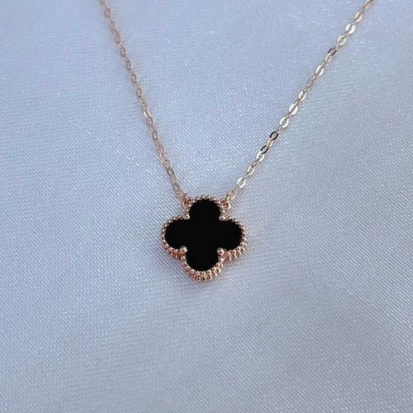 

18k four-leaf clover necklace rose lucky grass set female color gold lock bone chain black agate trumpet for girlfriend, Silver