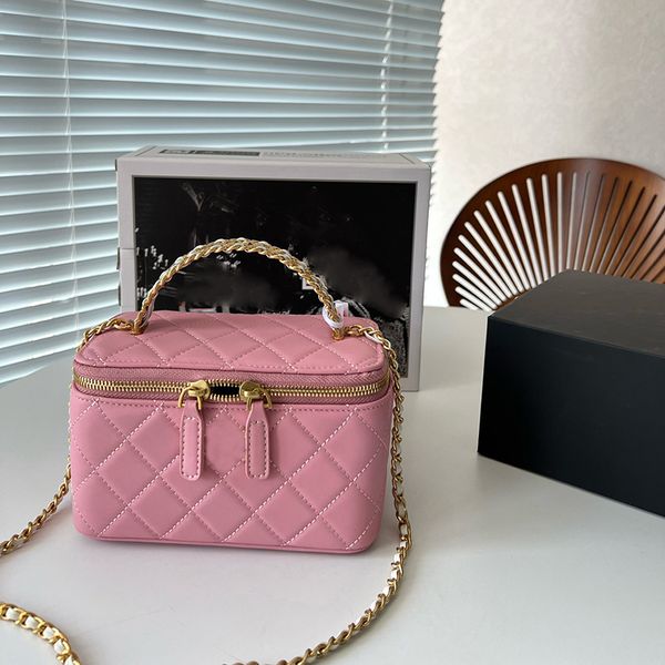 

designer womens makeup bag rainbow hollowed out metal handle designer makeup box with mirror leather diamond hardware buckle matelasse chain