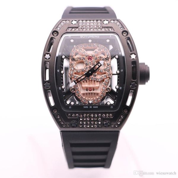

boyuheng transparent quartz battery 43mm diamond hollow skull skeleton gold dial mens watches rubber band pin buckle watch wristwa285b, Slivery;brown