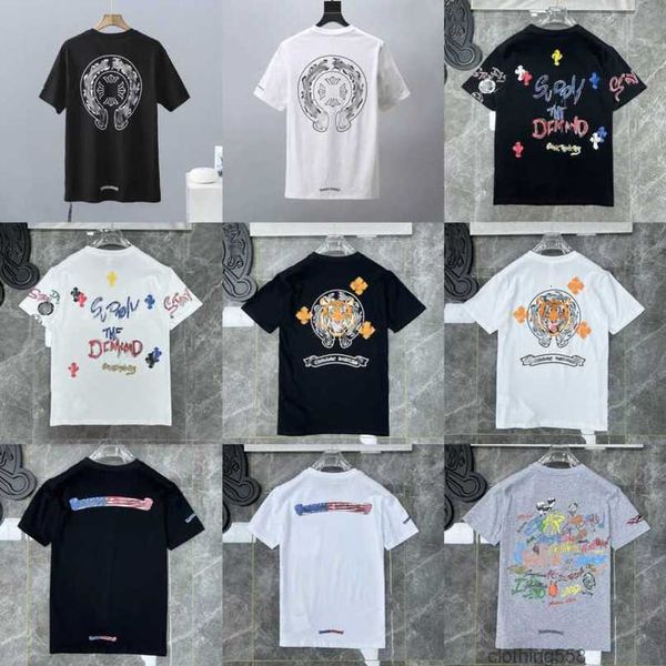 

luxury men's fashion t shirt ch brand tees men women sanskrit letter couple t-shirt sweatshirt horseshoe flower short sleeve polos cro, White;black