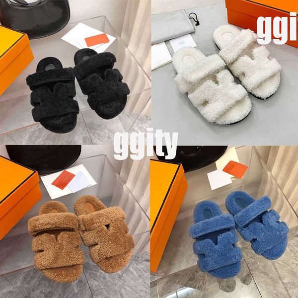 

designers chypre slide slippers winter wool slides women wool slippers slipper fur furry sandals, Black