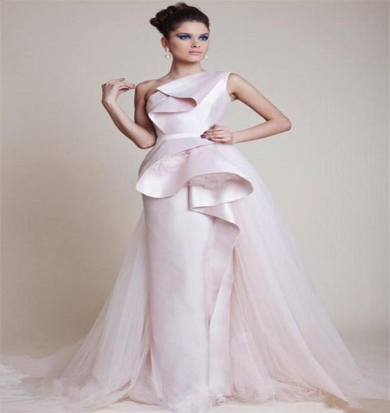 

aline one shoulder celebrity red carpet evening dresses tiered stain and tulle overskirt floor length light pink formal prom occa3732546, Black;red