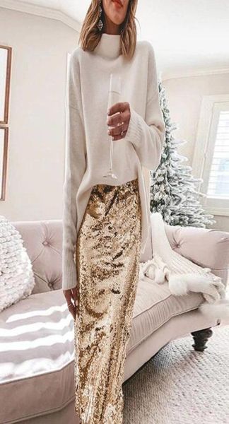 

skirts pencil womens gold sequined luxury skirt midi vintage tight for women club wear gonne donna2842775, Black