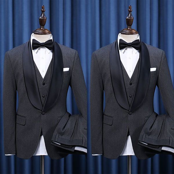 

luxury 3 pieces men's wedding suit fashion slim fit business office suits sets large size shawl lapel blazer+ pant+ vest, Black;gray