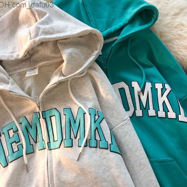 

men's hoodies sweatshirts american vintage letter printing zipper hoodie women's 2021 new loose all matching sweater couple casual, Black