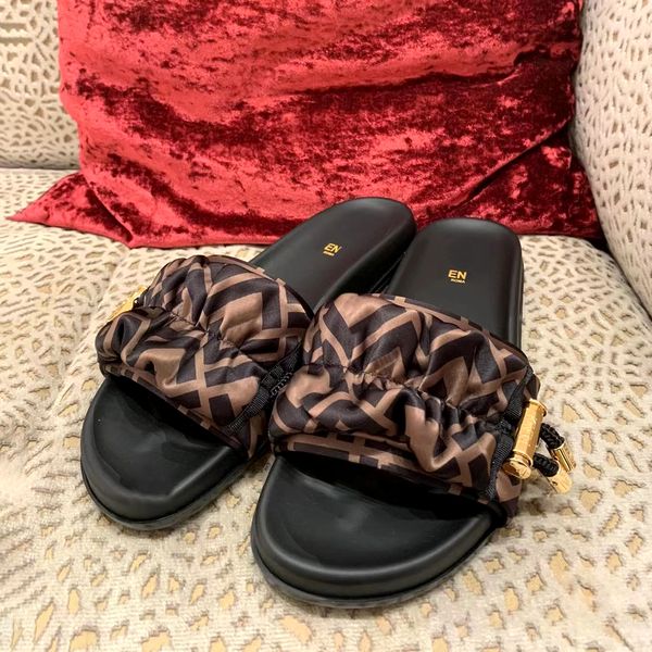 

woman men luxury slipper designer slide f letter silky brown satin shoes gold ser drawstring summer girls beach flat sandal, Black