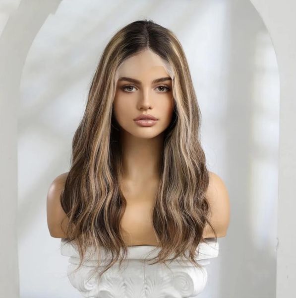 

body wave 150% human hair wig 4*4 long brown highlight lace front wigs for women, Black;brown