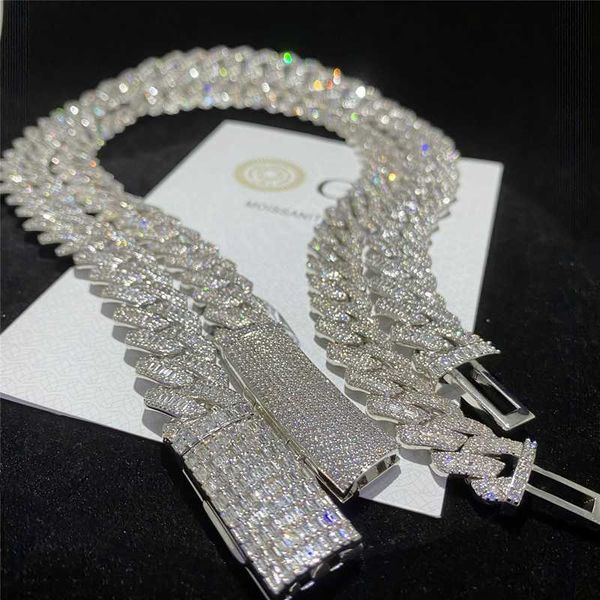 

custom hip hop jewelry thick 13mm 15mm baguette vvs moissanite diamond necklace 925 silver gold plated cuban link chain bracelet