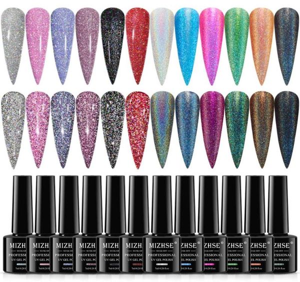 

nail gel mizhse 12pcs reflective polish set holographic semi-permanent varnish hybrid uv for manicure art1379627, Red;pink
