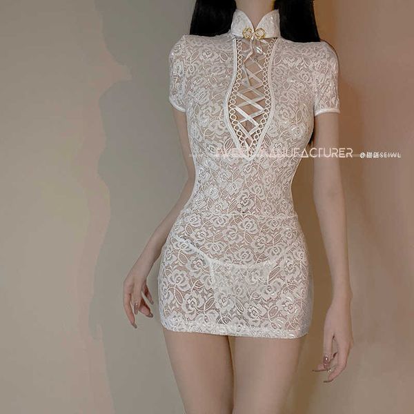 

allure set with lace transparent hollowed out strapping cheongsam fun oversized lingerie and nightgown, Black;white