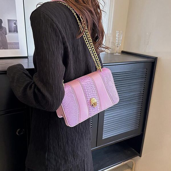 

Sales factory ladies shoulder bags 6 colors personalized gold buckle chain bag shape embossed crocodile leather handbag color matching retro handbags 83081#, Black