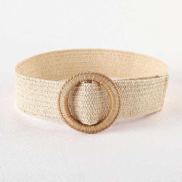

summer bohemia fake straw elastic braided belts for kid round square buckle wide belt beach vacation female waistband, Black