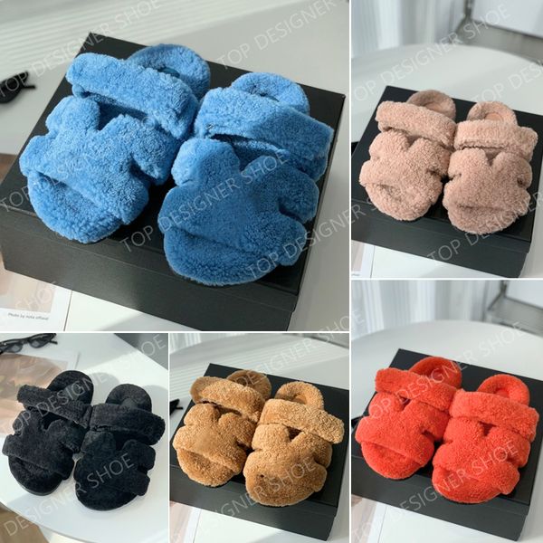 

luxury fur slippers designer fur slides chypre h sandals men women sheep wool plush fluffy furry slipper warm winter flat high fashion trend, Black