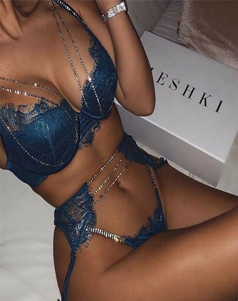 

3pcs women lingerie nightgown sparkle crystal rhine chain bra high waist briefs garter belt underwear nightwear sets7528331, Red;black