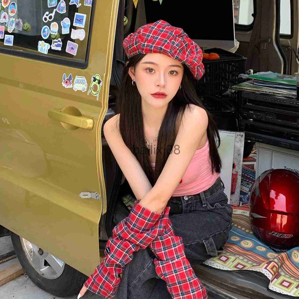 

stingy brim hats korean new style red plaid beret female spring and autumn niche cloud hat ins jellyfish hat summer j230802, Blue;gray