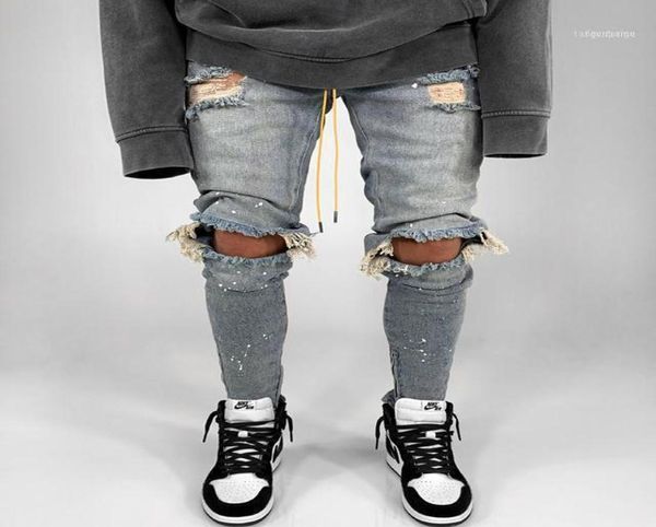 

men039s jeans men big knee hole ripped pencil pants biker skinny slim frayed denim trousers fashion hip hop jean6387024, Blue