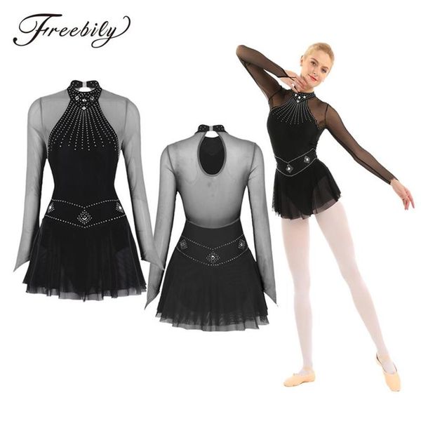 

shiny rhinestones long sleeve mesh splice ballet gymnastics leotard women figure skating dress competition dance costumes193y, Black;red
