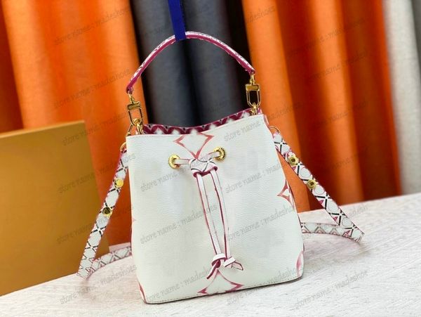 

2023 neonoe bucket bag featuring elegant canvas depicting giant monograms print with drawstring and central snap closure inner pocket women&